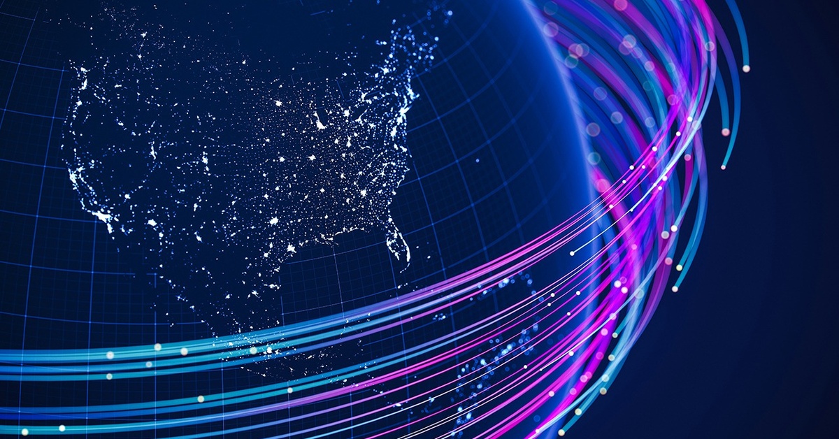 Globe showing United States with colorful lines circling the globe